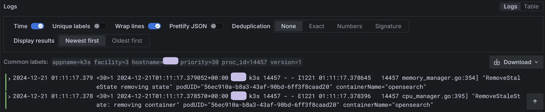 grafana display log