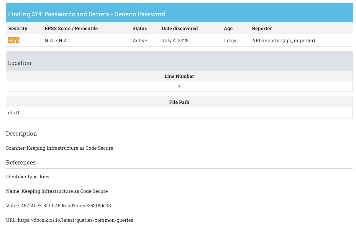 KICS reports that there are plaintext credentials