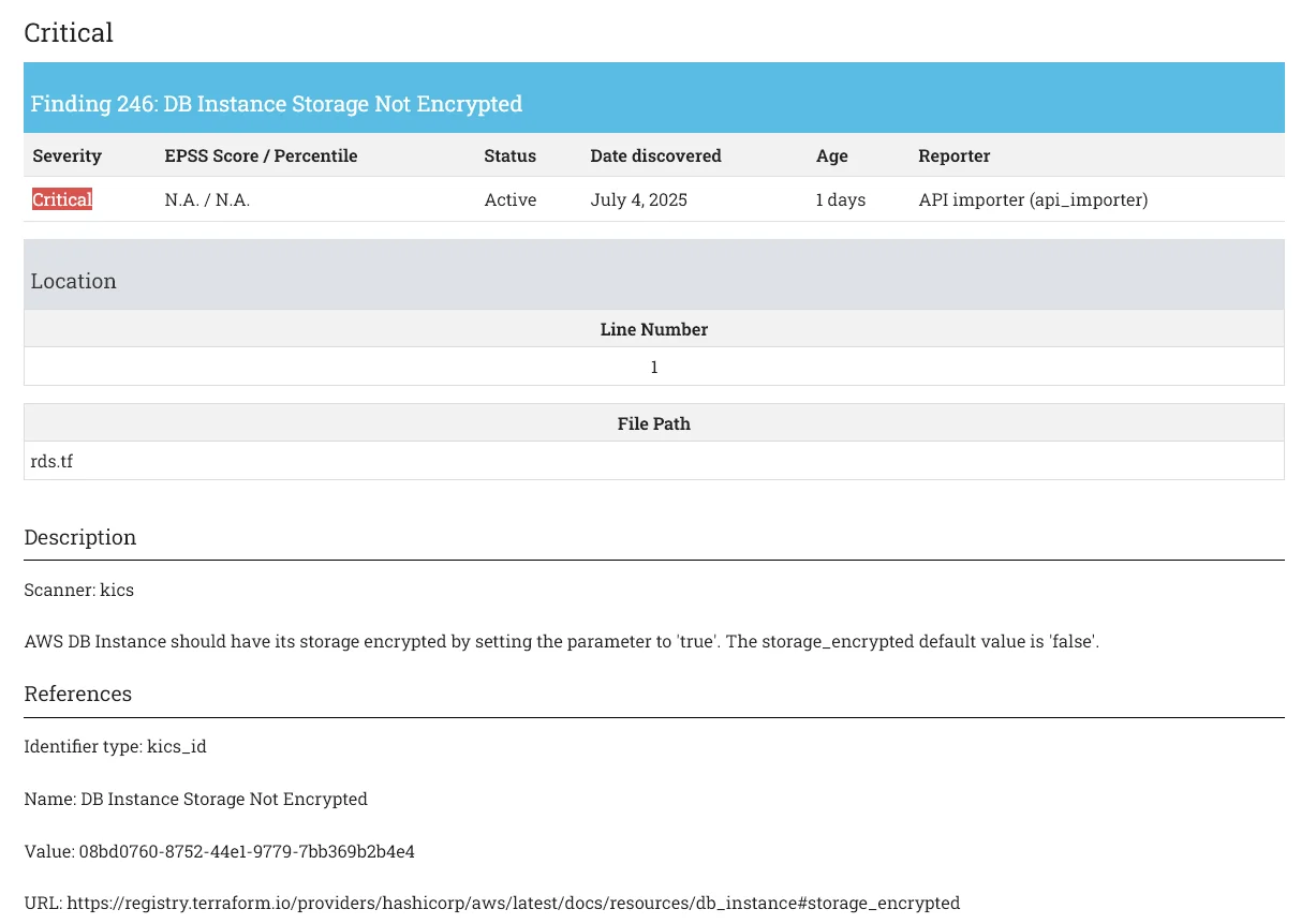KICS reports that encryption at rest is not enabled